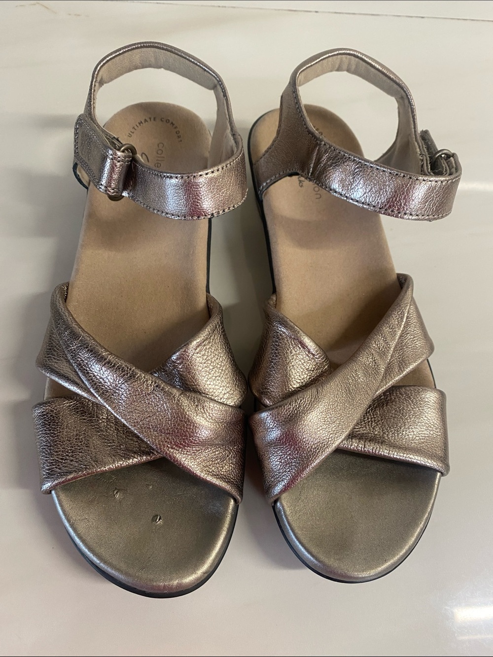 Clarks Metallic Rose Gold Crisscross Ankle-Strap Sandals